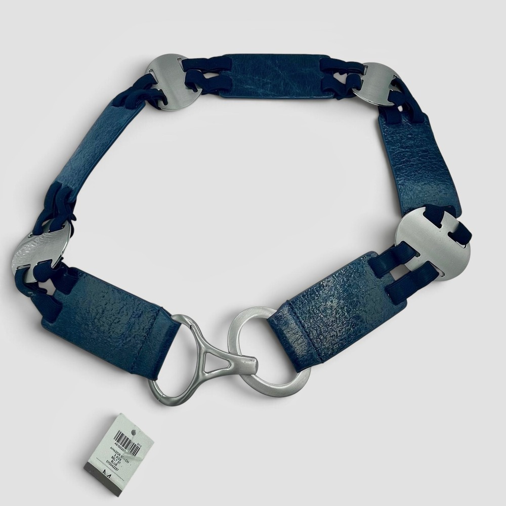 Chicos Amador Stitch Blue Leather Panel Belt Size 3 M NWT Avant Garde Industrial